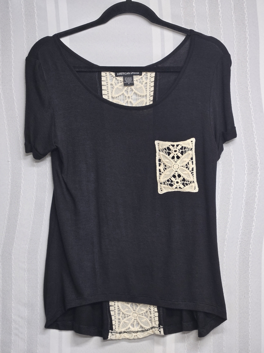 American Dream Black Short-Sleeve Top with Cream Crochet Accent Size Small